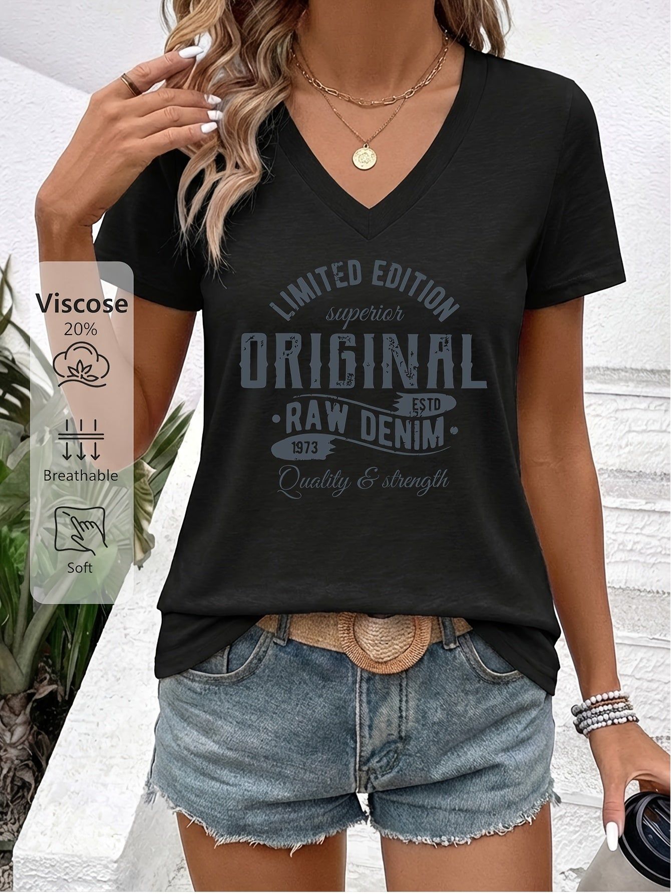 Women'S V-Neck Short-Sleeve T-Shirt Featuring a "LIMITED EDITION ORIGINAL 50.11meter Retro Denim Print. It'S Skin-Friendly, Breathable, And Has a Quality Feel. Perfect for Casual Outings with Denim Shorts Or a Laid-Back Look with a Skirt   OAXG