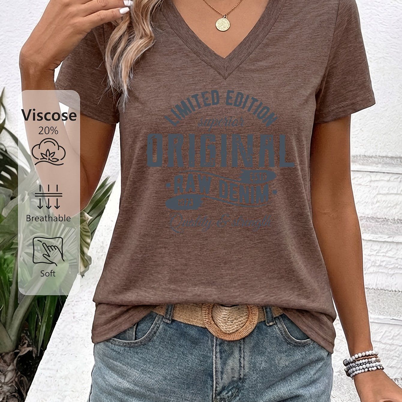Women'S V-Neck Short-Sleeve T-Shirt Featuring a "LIMITED EDITION ORIGINAL 50.11meter Retro Denim Print. It'S Skin-Friendly, Breathable, And Has a Quality Feel. Perfect for Casual Outings with Denim Shorts Or a Laid-Back Look with a Skirt   OAXG