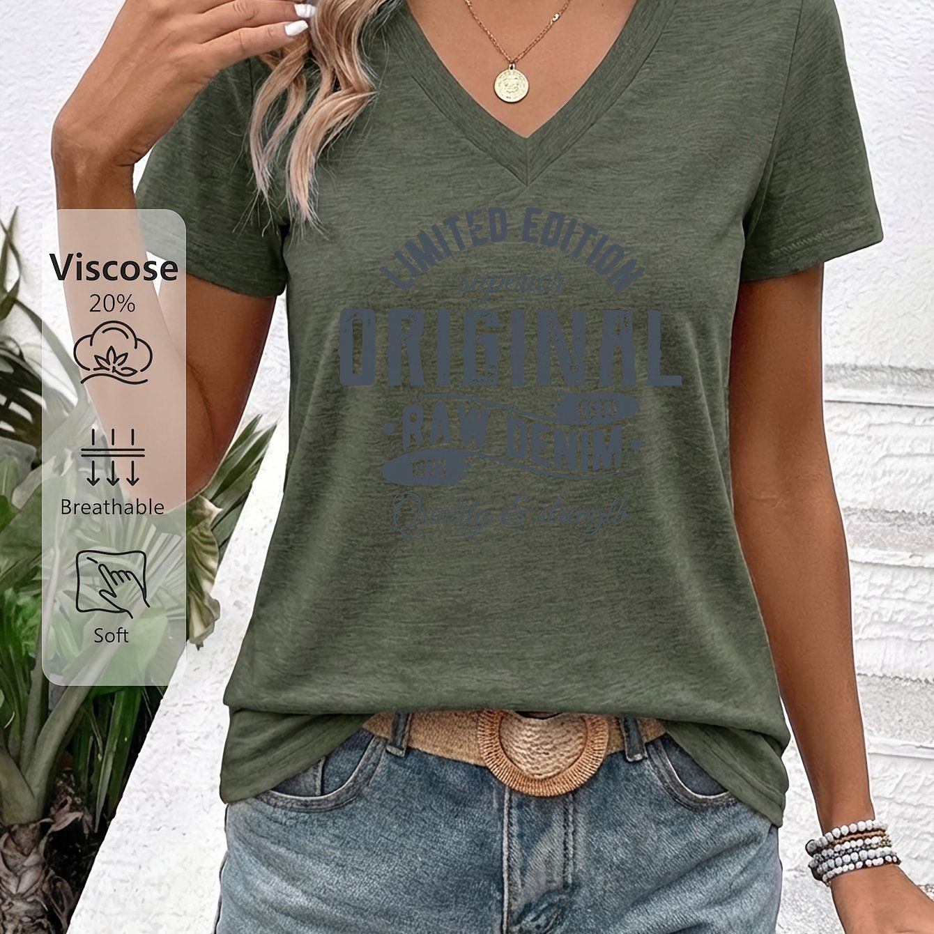 Women'S V-Neck Short-Sleeve T-Shirt Featuring a "LIMITED EDITION ORIGINAL 50.11meter Retro Denim Print. It'S Skin-Friendly, Breathable, And Has a Quality Feel. Perfect for Casual Outings with Denim Shorts Or a Laid-Back Look with a Skirt   OAXG
