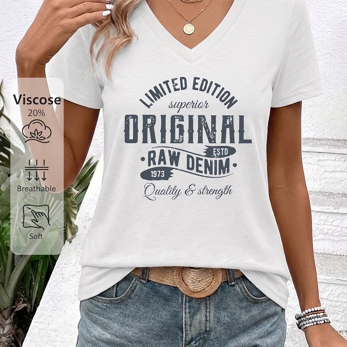 Women'S V-Neck Short-Sleeve T-Shirt Featuring a "LIMITED EDITION ORIGINAL 50.11meter Retro Denim Print. It'S Skin-Friendly, Breathable, And Has a Quality Feel. Perfect for Casual Outings with Denim Shorts Or a Laid-Back Look with a Skirt   OAXG