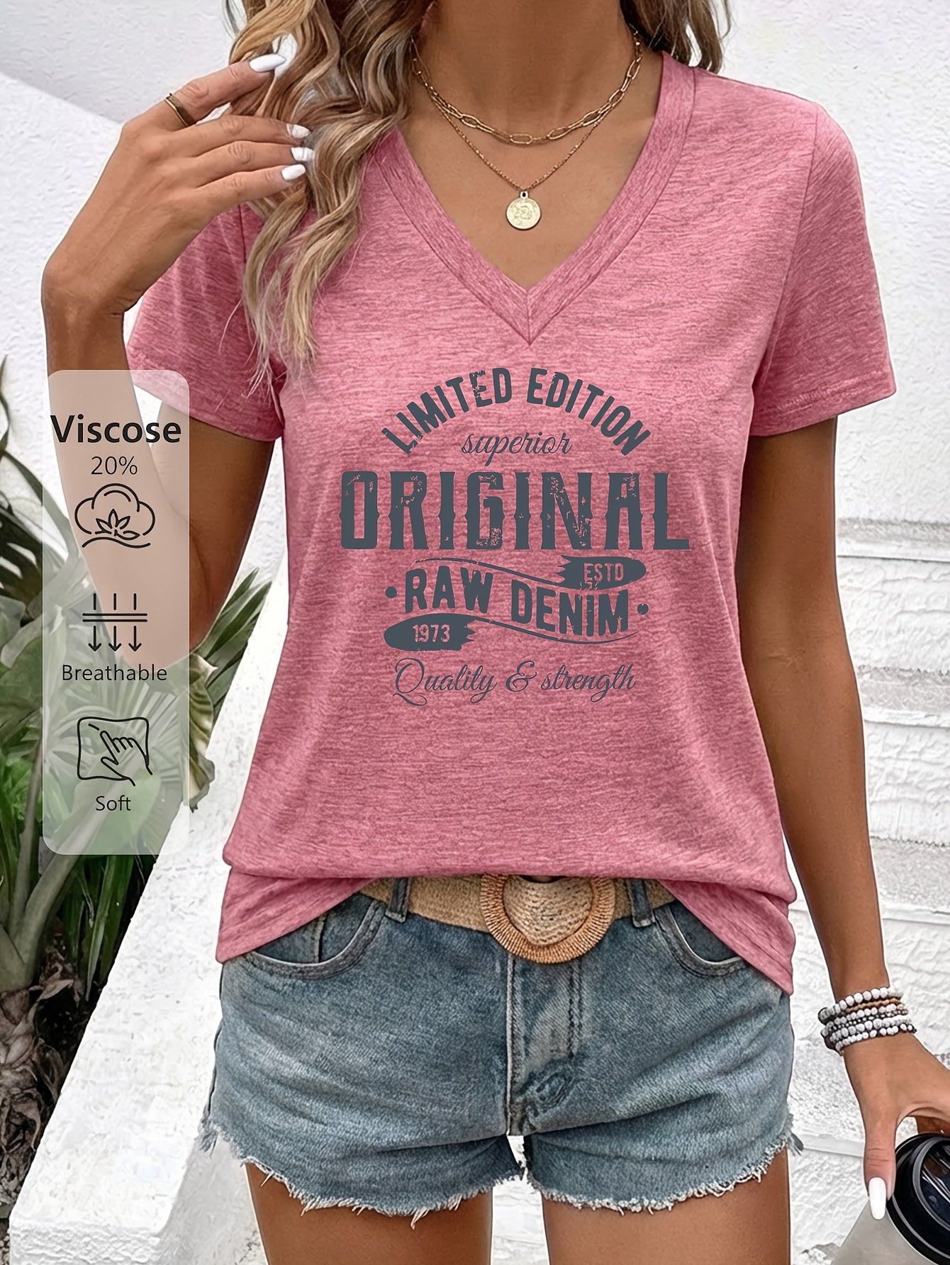 Women'S V-Neck Short-Sleeve T-Shirt Featuring a "LIMITED EDITION ORIGINAL 50.11meter Retro Denim Print. It'S Skin-Friendly, Breathable, And Has a Quality Feel. Perfect for Casual Outings with Denim Shorts Or a Laid-Back Look with a Skirt   OAXG