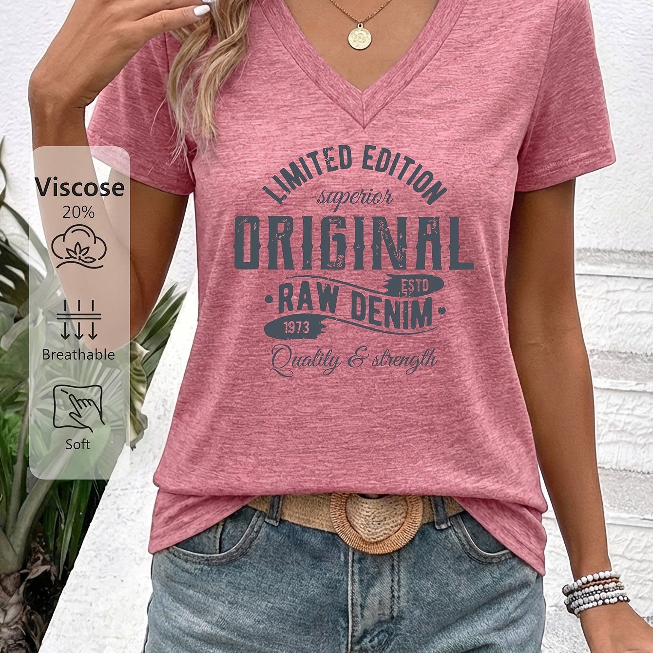 Women'S V-Neck Short-Sleeve T-Shirt Featuring a "LIMITED EDITION ORIGINAL 50.11meter Retro Denim Print. It'S Skin-Friendly, Breathable, And Has a Quality Feel. Perfect for Casual Outings with Denim Shorts Or a Laid-Back Look with a Skirt   OAXG