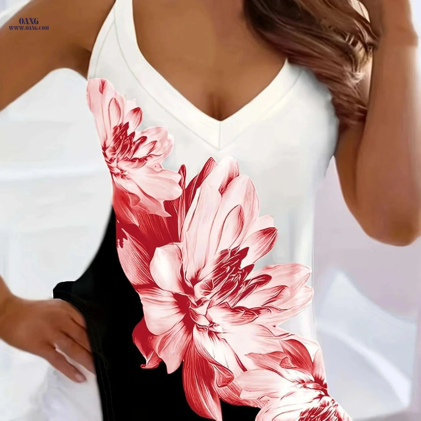 Women's V-Neck Sleeveless Tank Top - Artistic Print, Semi-Sheer Fabric   OAXG 