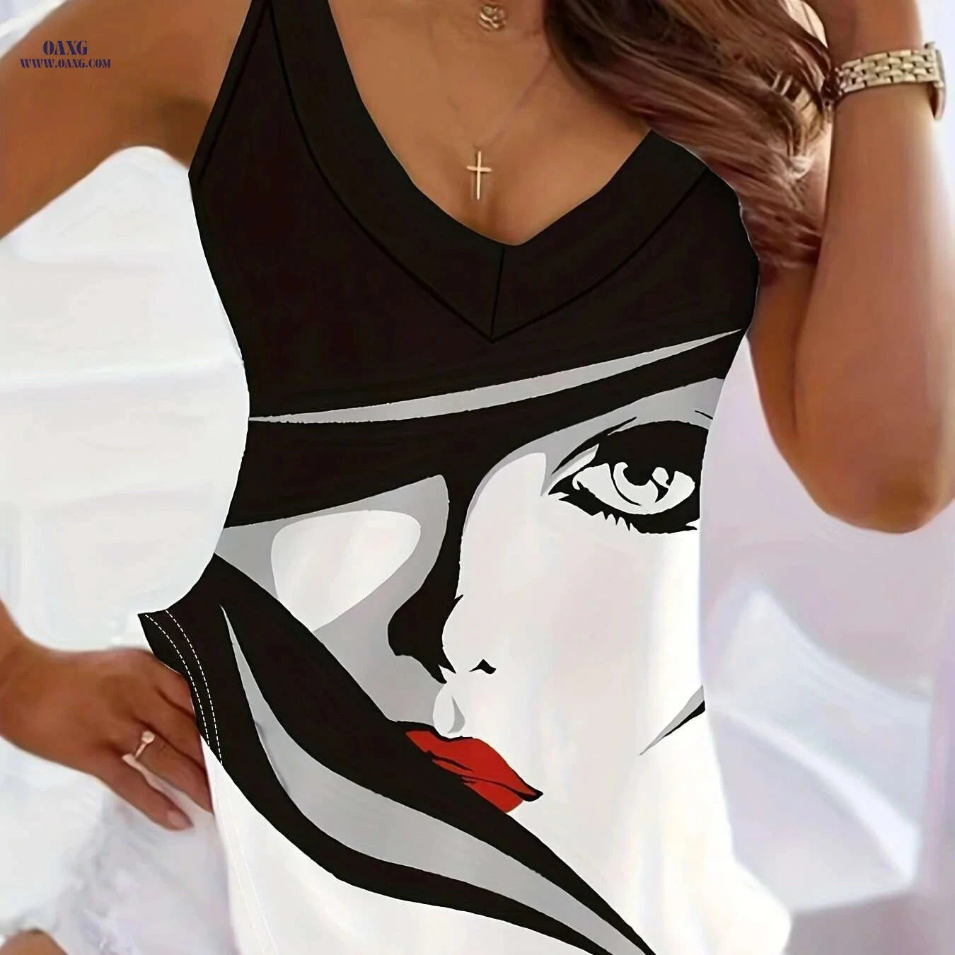 Women's V-Neck Sleeveless Tank Top - Artistic Print, Semi-Sheer Fabric   OAXG Multicolor / S