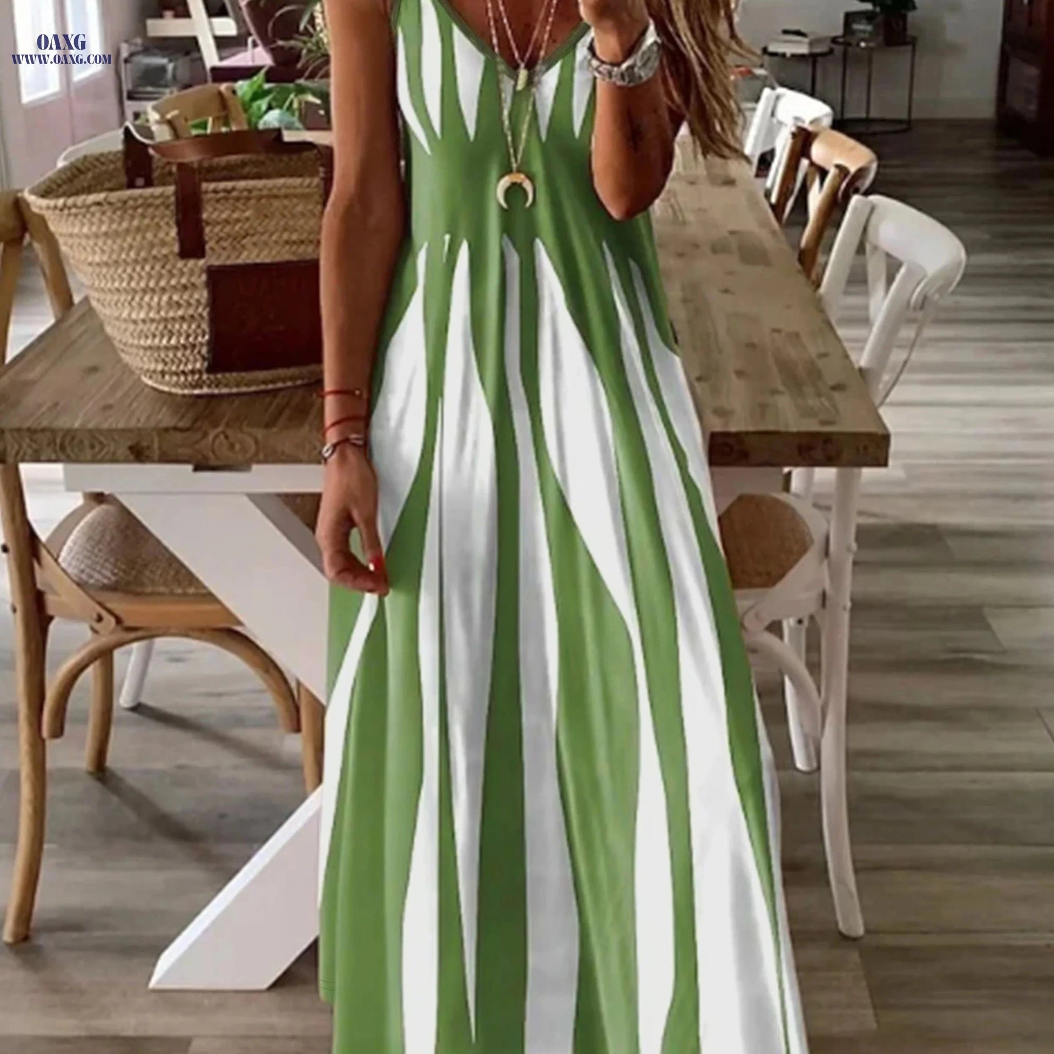 Women's V-Neck Striped Casual Dress - All Seasons Comfort Wear   OAXG Green / S