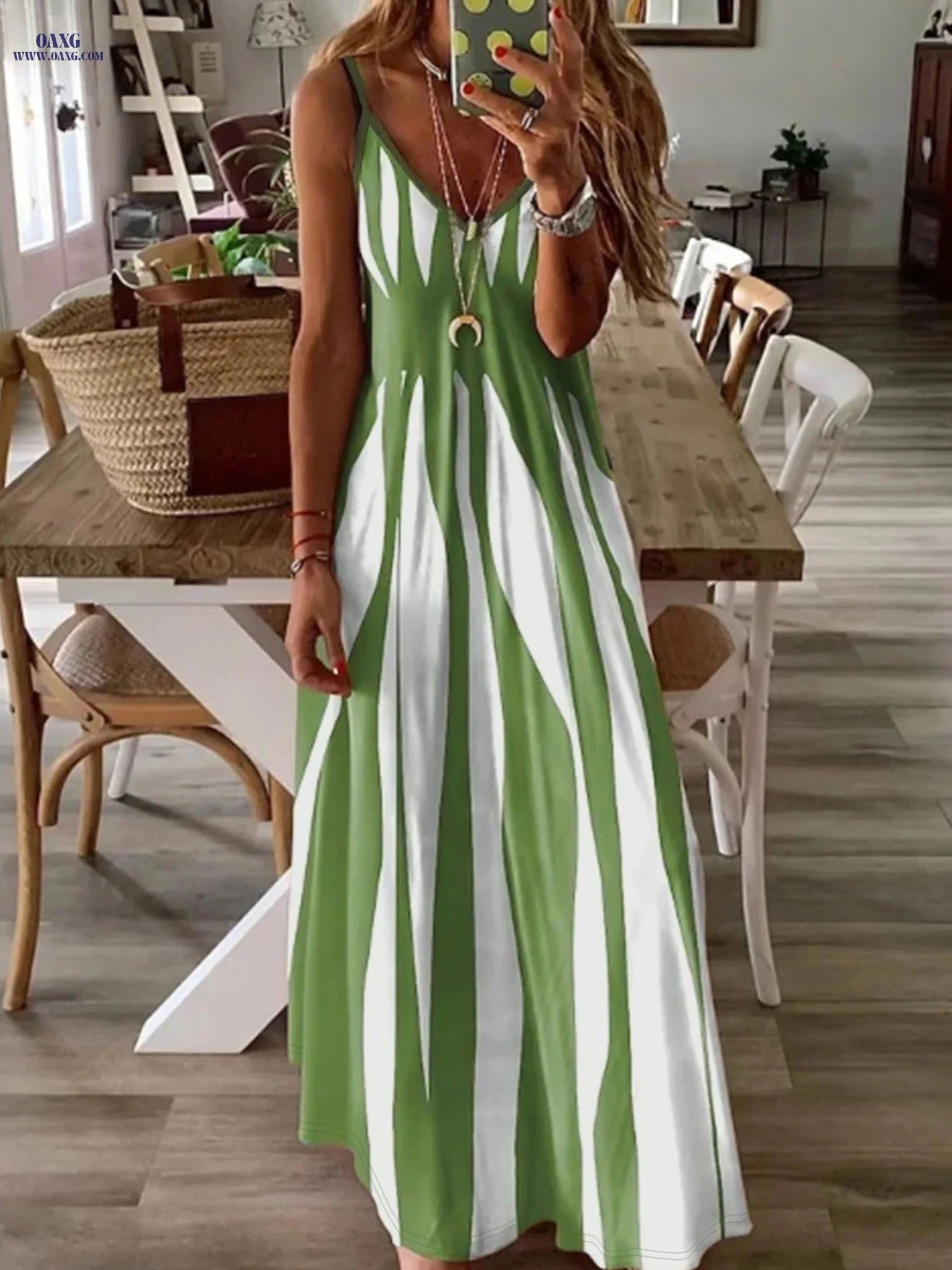 Women's V-Neck Striped Casual Dress - All Seasons Comfort Wear   OAXG Green / S
