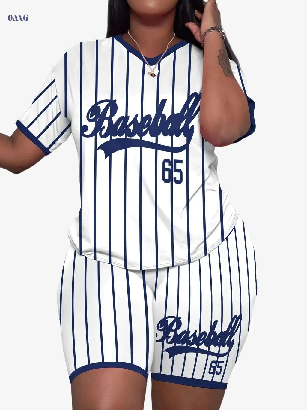 Women's V-Neck Striped Top & Shorts Set - Sporty Baseball Style   OAXG 