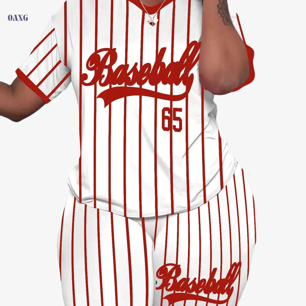 Women's V-Neck Striped Top & Shorts Set - Sporty Baseball Style   OAXG 