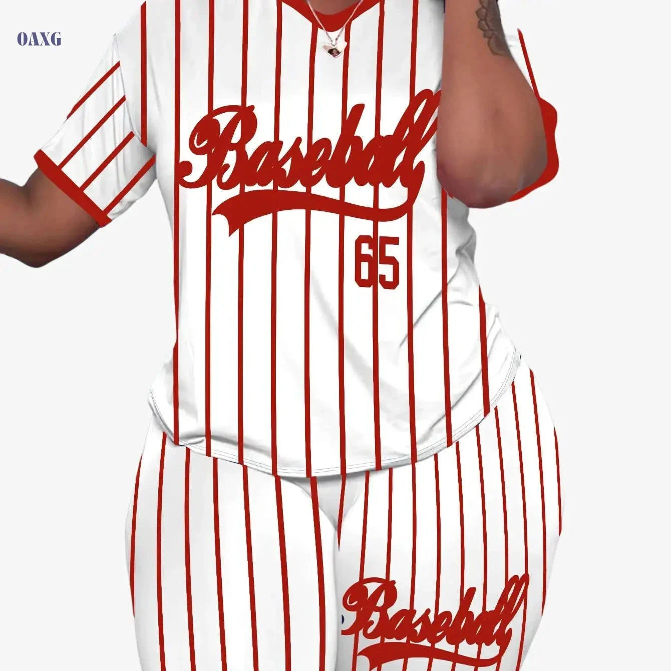 Women's V-Neck Striped Top & Shorts Set - Sporty Baseball Style   OAXG 
