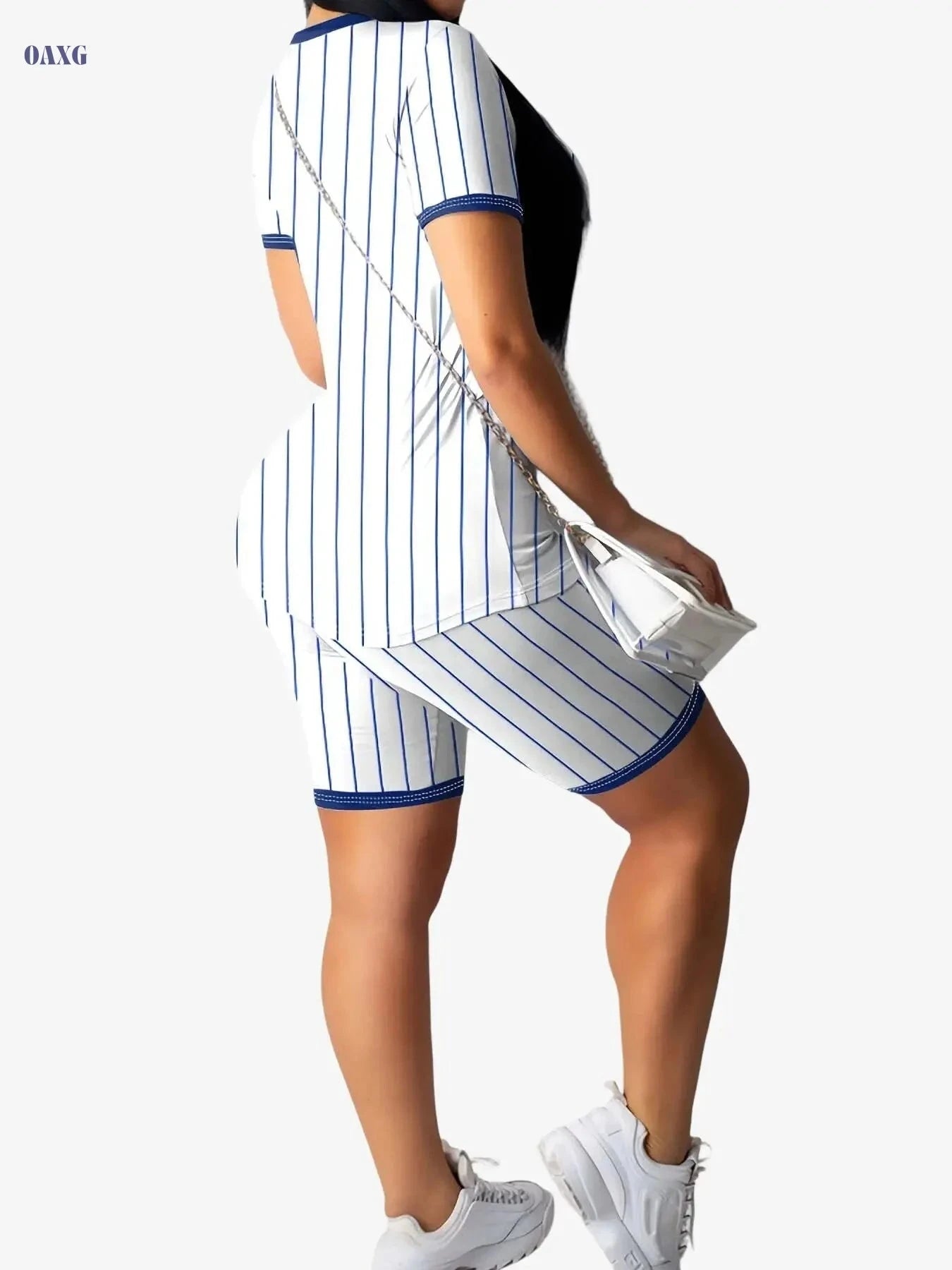 Women's V-Neck Striped Top & Shorts Set - Sporty Baseball Style   OAXG Mixed Color C / S