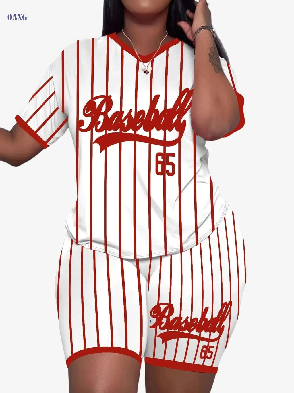 Women's V-Neck Striped Top & Shorts Set - Sporty Baseball Style   OAXG Mixed Color C / S