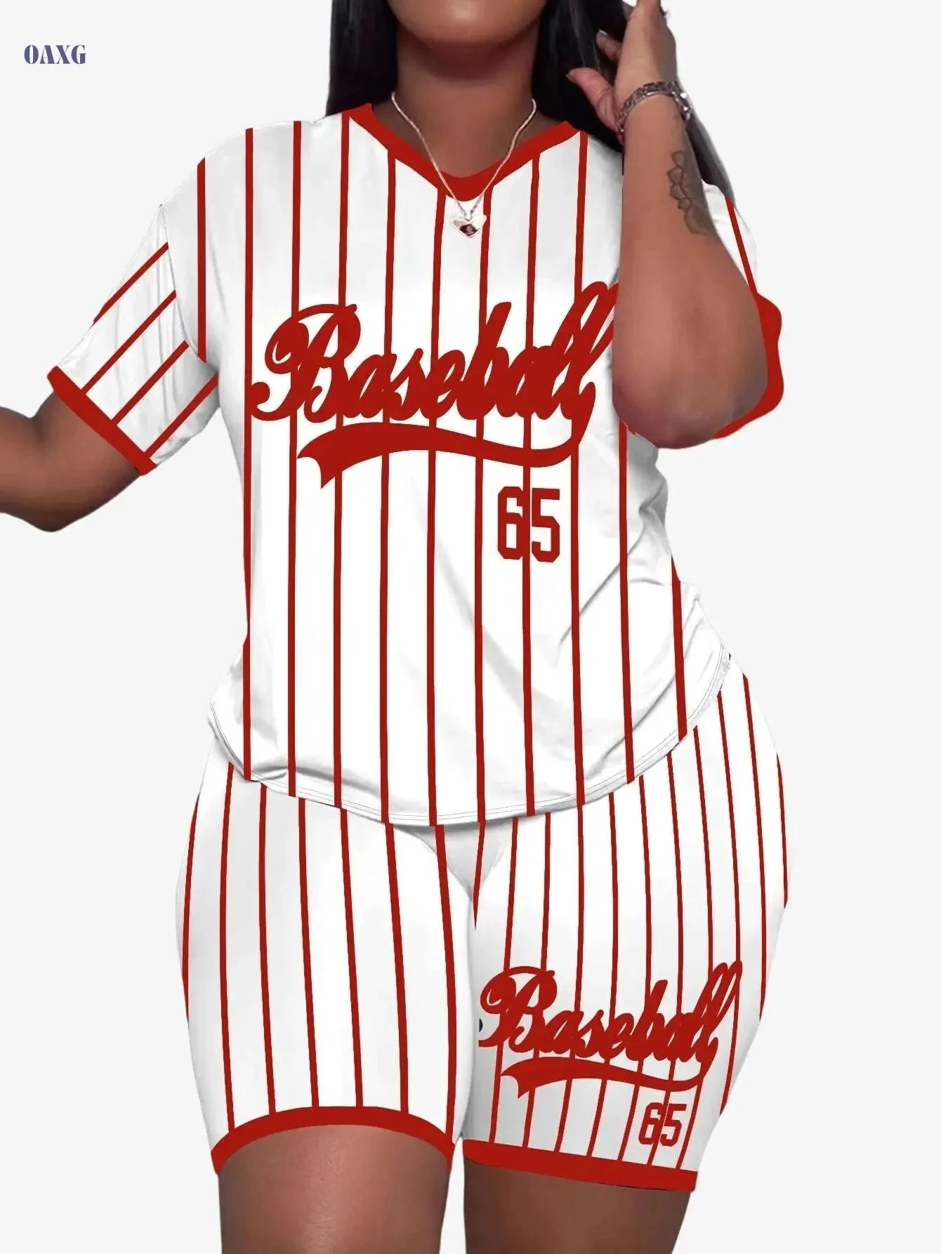 Women's V-Neck Striped Top & Shorts Set - Sporty Baseball Style   OAXG Mixed Color C / S