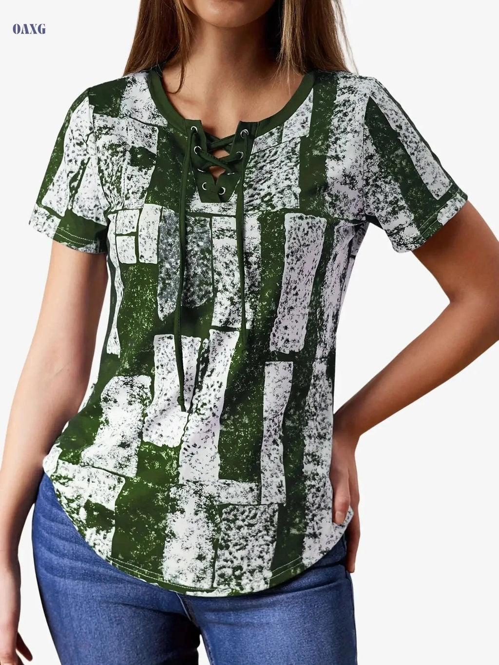 Women's V-Neck T-Shirt - Casual Summer Top with Lace-Up Detail   OAXG 