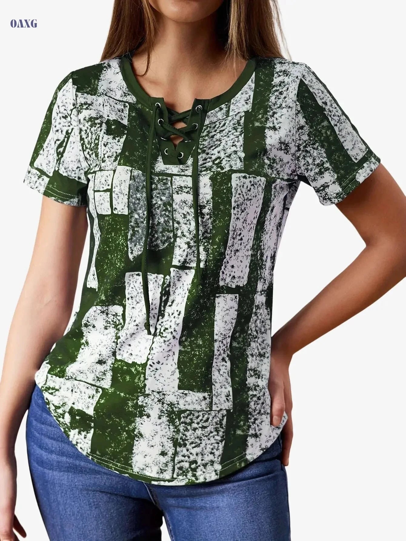 Women's V-Neck T-Shirt - Casual Summer Top with Lace-Up Detail   OAXG 