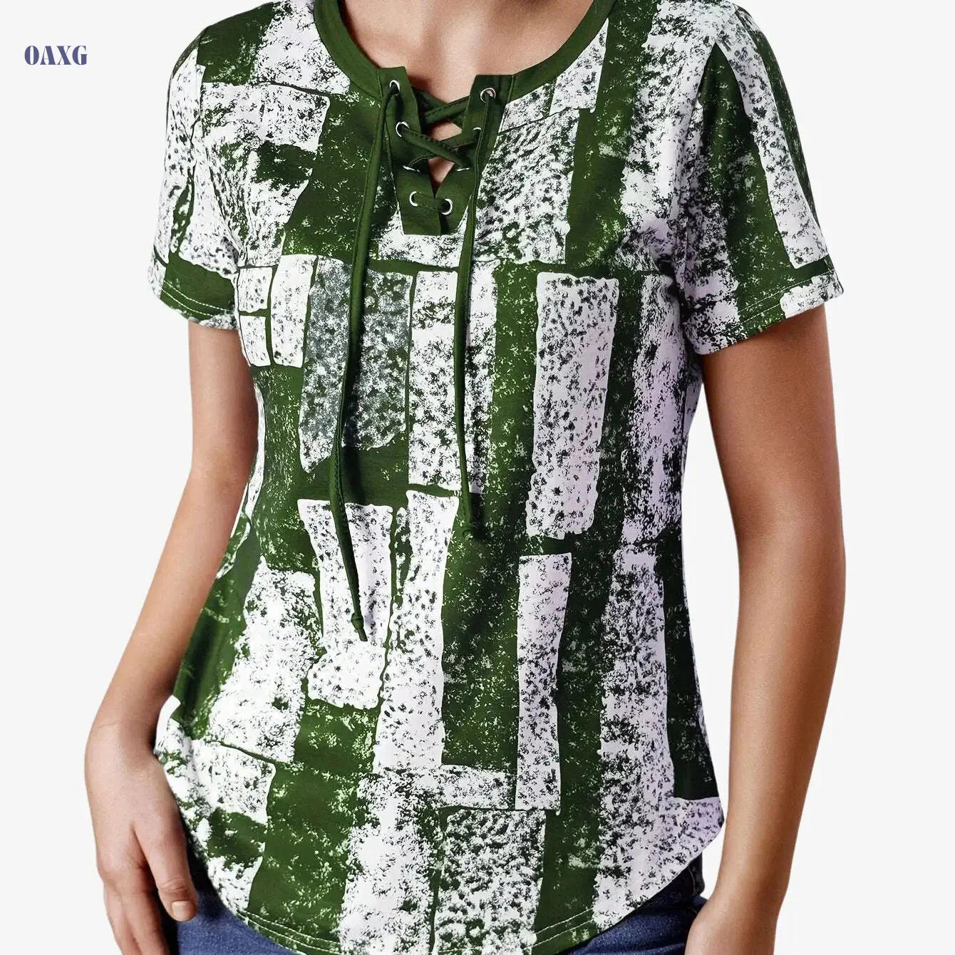 Women's V-Neck T-Shirt - Casual Summer Top with Lace-Up Detail   OAXG 