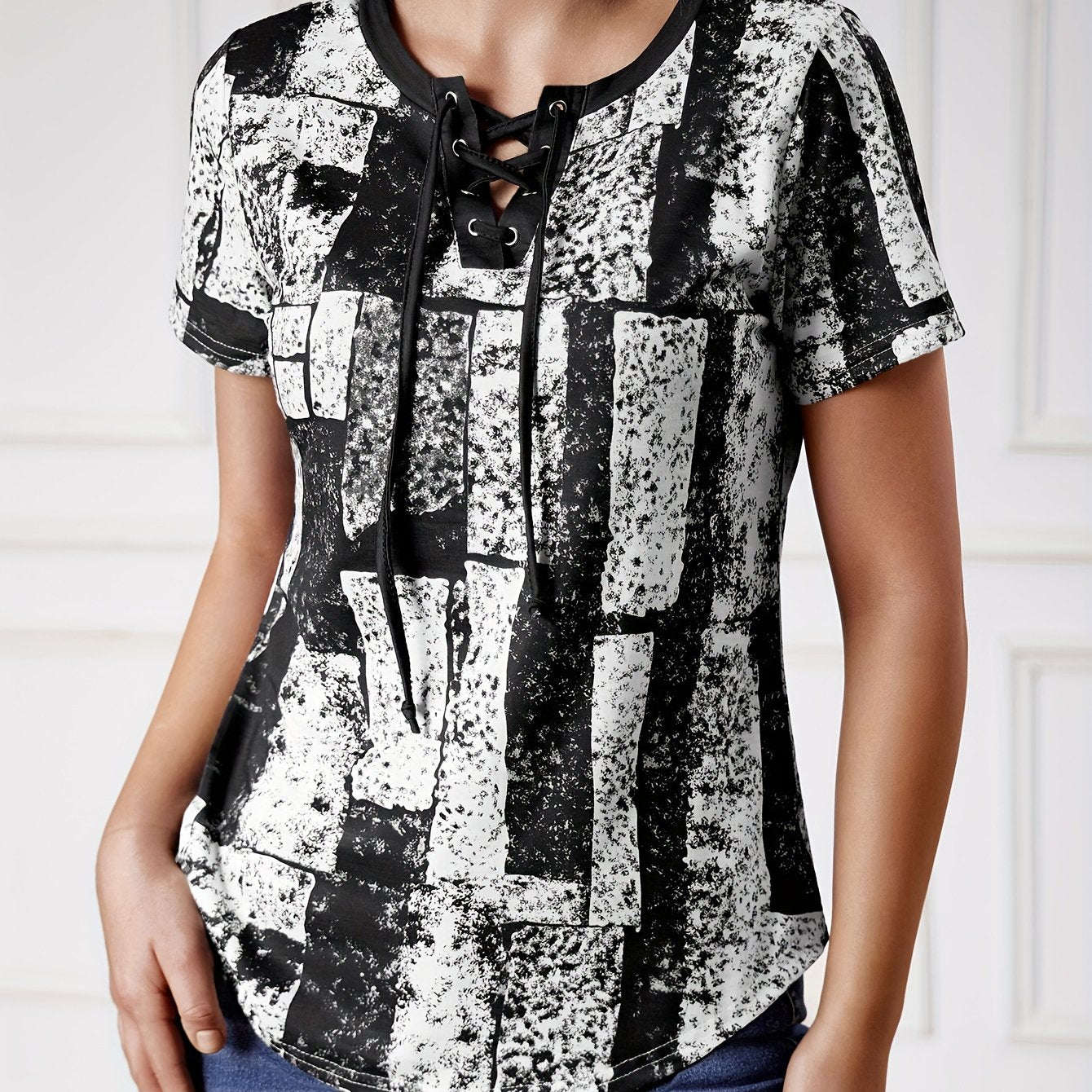 Women's V-Neck T-Shirt - Casual Summer Top with Lace-Up Detail   OAXG Mixed Color / S