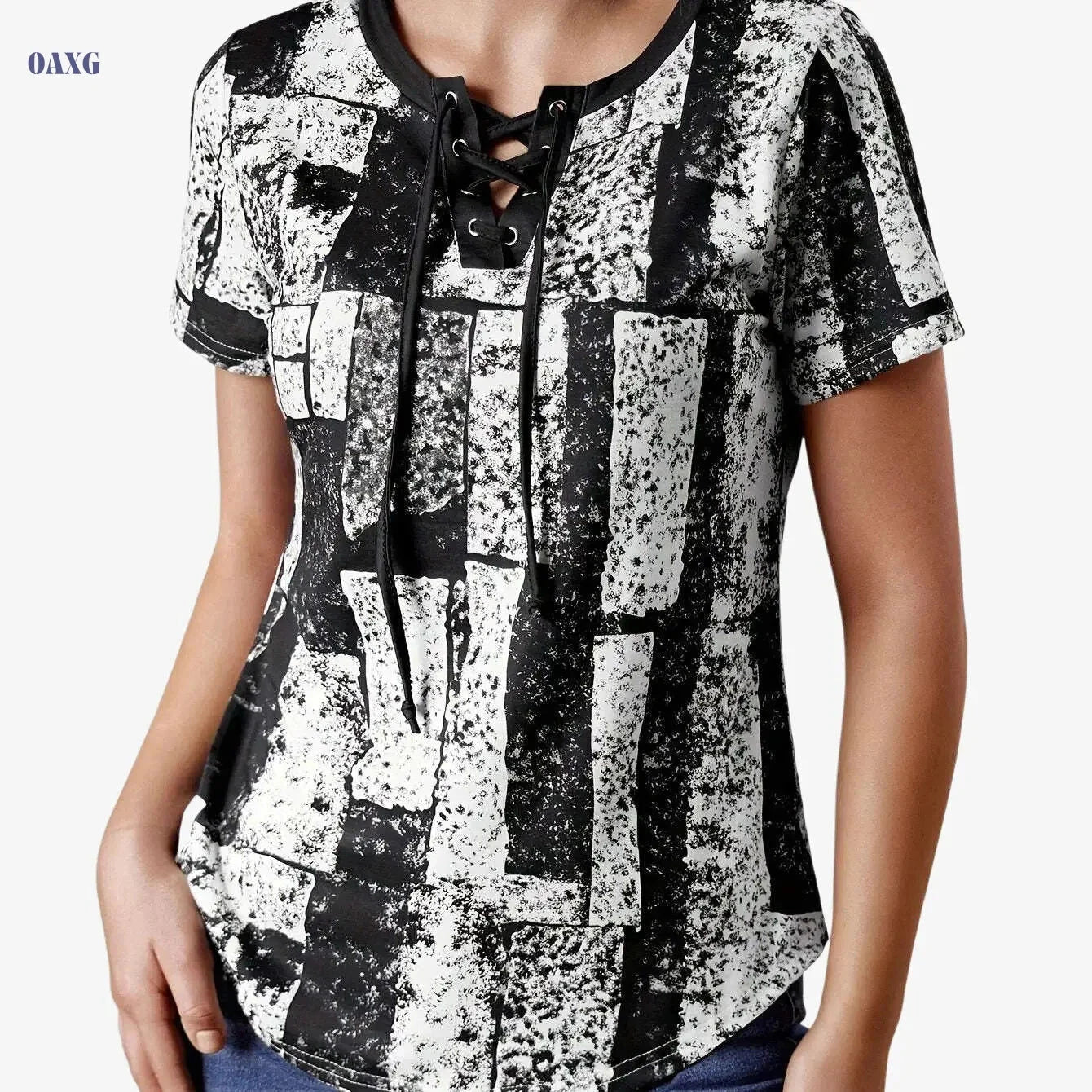 Women's V-Neck T-Shirt - Casual Summer Top with Lace-Up Detail   OAXG Mixed Color / S