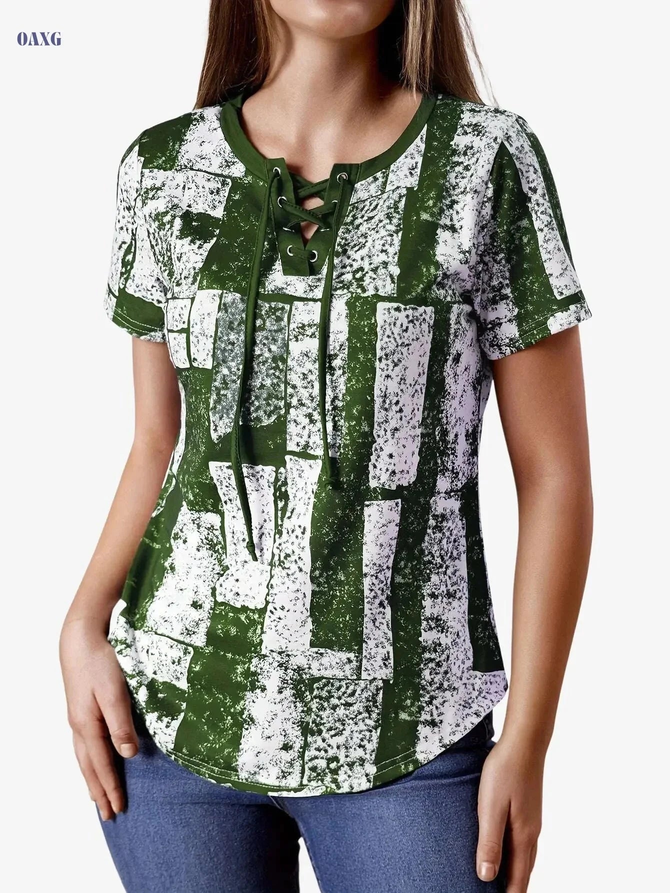 Women's V-Neck T-Shirt - Casual Summer Top with Lace-Up Detail   OAXG 