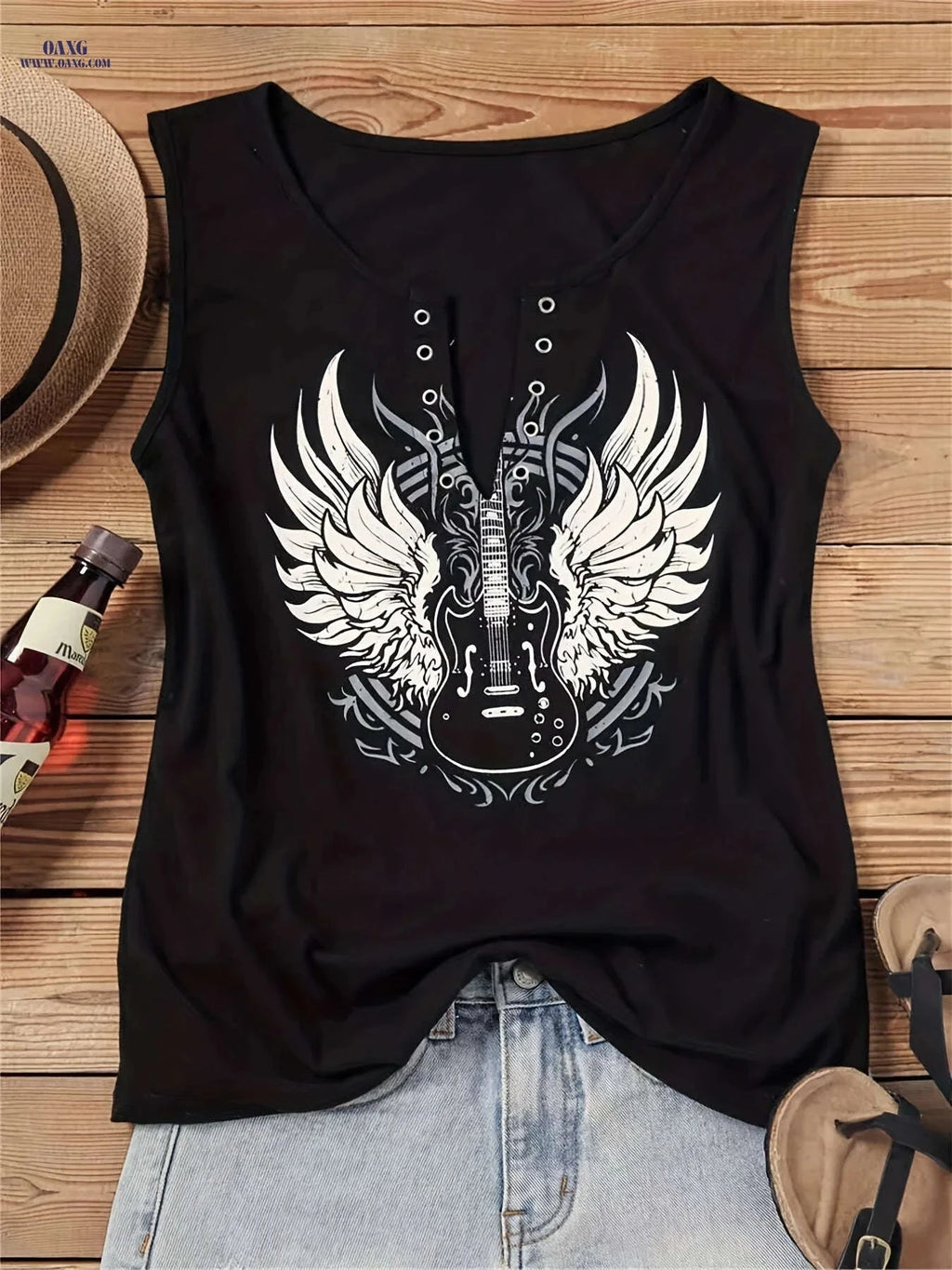 Women's V-Neck Tank Top - Casual Guitar & Wing Print for Summer   OAXG Black / S