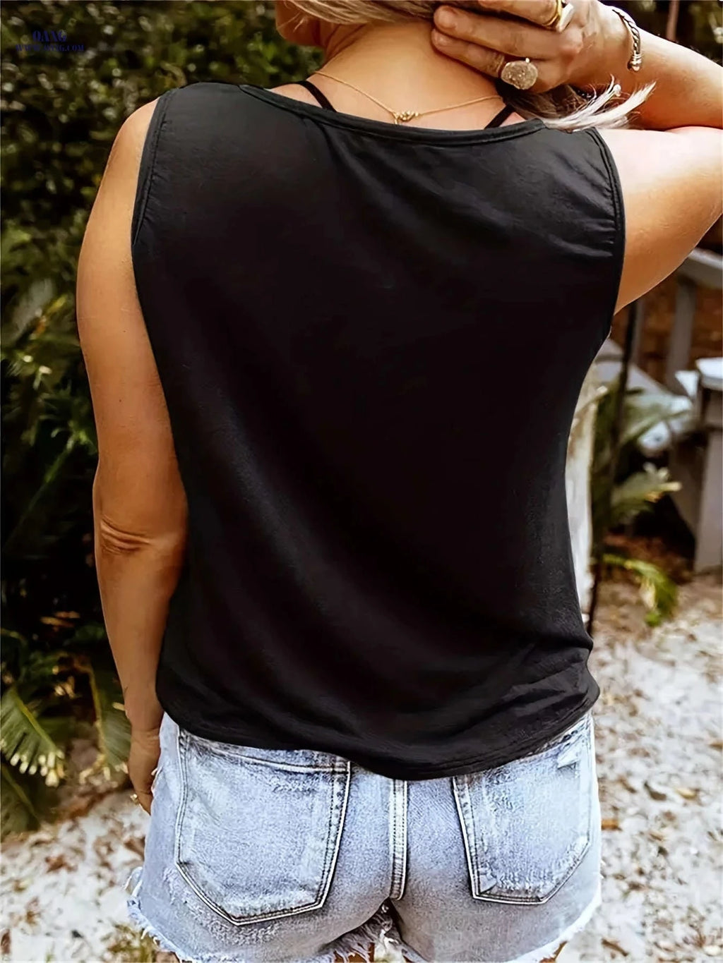 Women's V-Neck Tank Top - Casual Guitar & Wing Print for Summer   OAXG Black / S