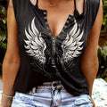 Women's V-Neck Tank Top - Casual Guitar & Wing Print for Summer   OAXG Black / S