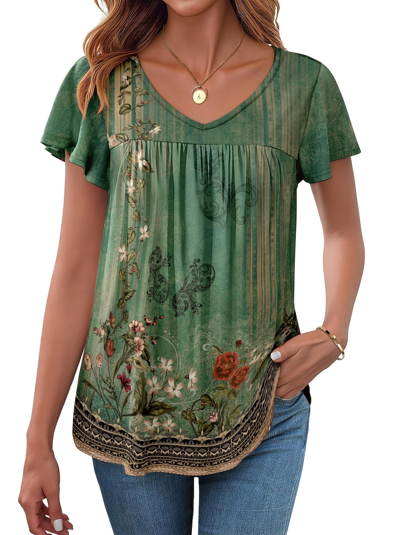 Women's V-Neck Tie-Waist T-Shirt with Ruffled Short Sleeves - Full-Body Print Blouse Style Top | Machine Washable Non-Sheer Shirt Suitable for Seasons, Casual & Dressy Wear, Year-Round Wardrobe Essential   OAXG Multicolor 3 / S