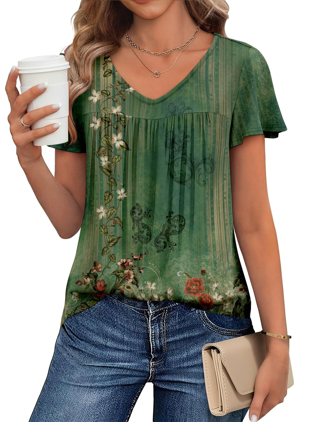 Women's V-Neck Tie-Waist T-Shirt with Ruffled Short Sleeves - Full-Body Print Blouse Style Top | Machine Washable Non-Sheer Shirt Suitable for Seasons, Casual & Dressy Wear, Year-Round Wardrobe Essential   OAXG Multicolor 3 / S