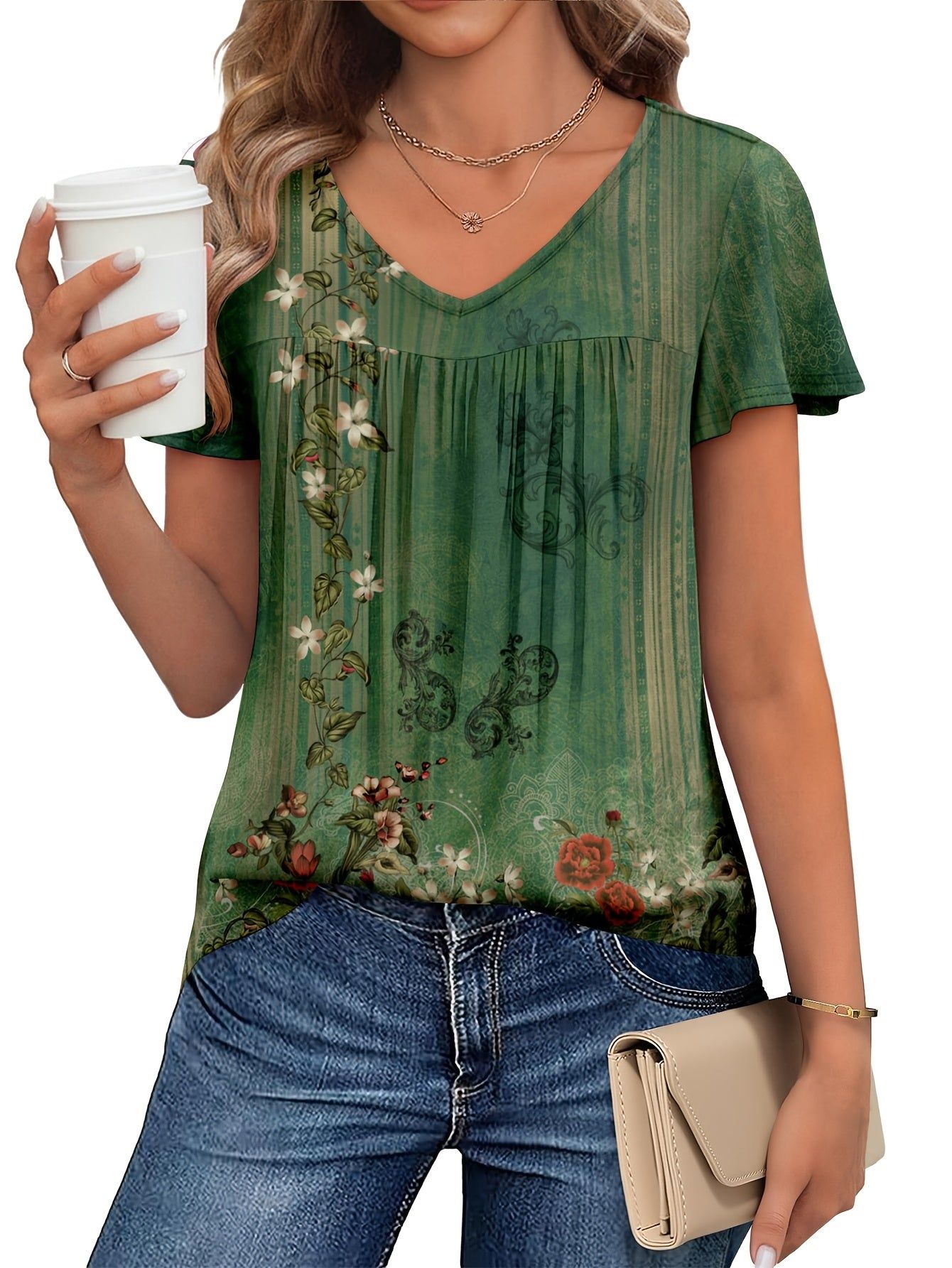 Women's V-Neck Tie-Waist T-Shirt with Ruffled Short Sleeves - Full-Body Print Blouse Style Top | Machine Washable Non-Sheer Shirt Suitable for Seasons, Casual & Dressy Wear, Year-Round Wardrobe Essential   OAXG Multicolor 3 / S