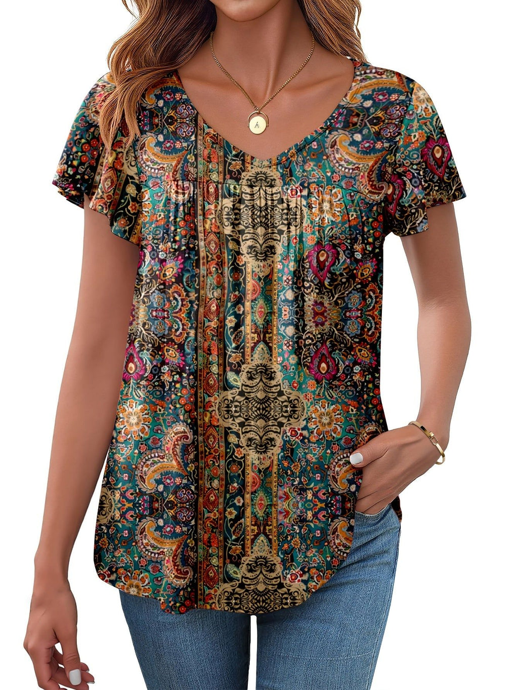 Women's V-Neck Tie-Waist T-Shirt with Ruffled Short Sleeves - Full-Body Print Blouse Style Top | Machine Washable Non-Sheer Shirt Suitable for Seasons, Casual & Dressy Wear, Year-Round Wardrobe Essential   OAXG Multicolor 3 / S
