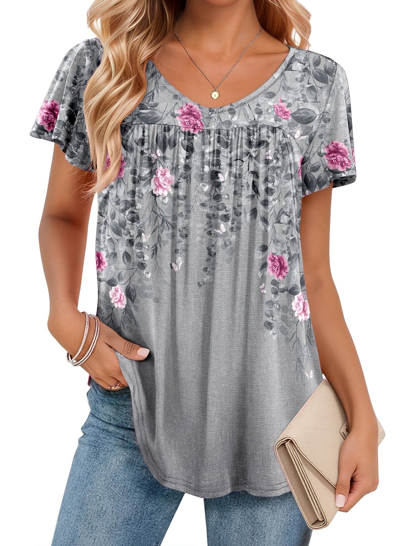 Women's V-Neck Tie-Waist T-Shirt with Ruffled Short Sleeves - Full-Body Print Blouse Style Top | Machine Washable Non-Sheer Shirt Suitable for Seasons, Casual & Dressy Wear, Year-Round Wardrobe Essential   OAXG Multicolor 3 / S
