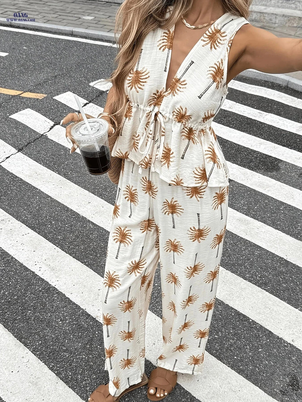 Women's Vacation V-neck Top & Loose Wide-Leg Pants Set - Spring Style   OAXG 