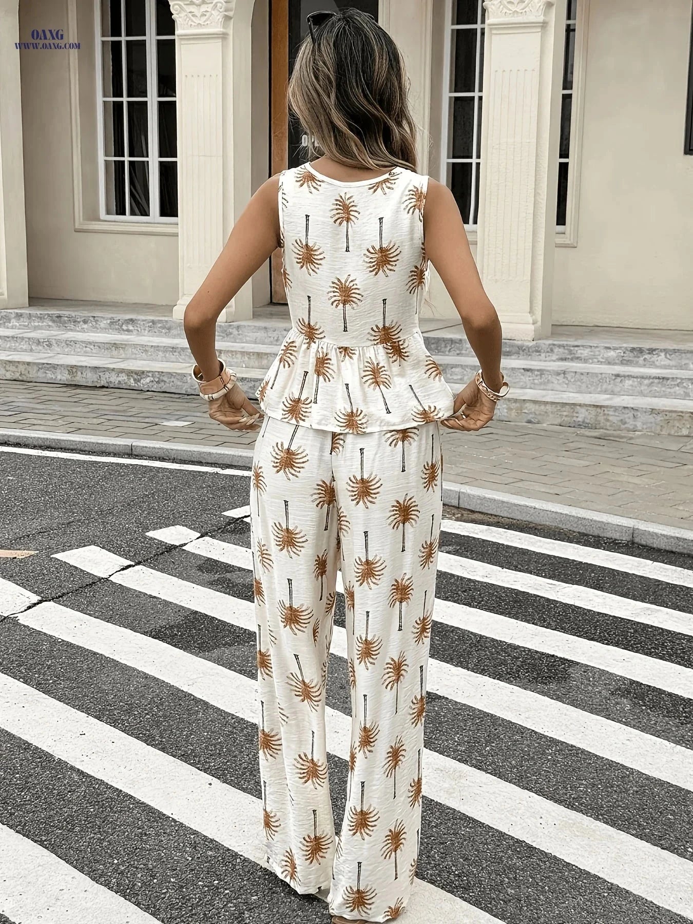 Women's Vacation V-neck Top & Loose Wide-Leg Pants Set - Spring Style   OAXG 