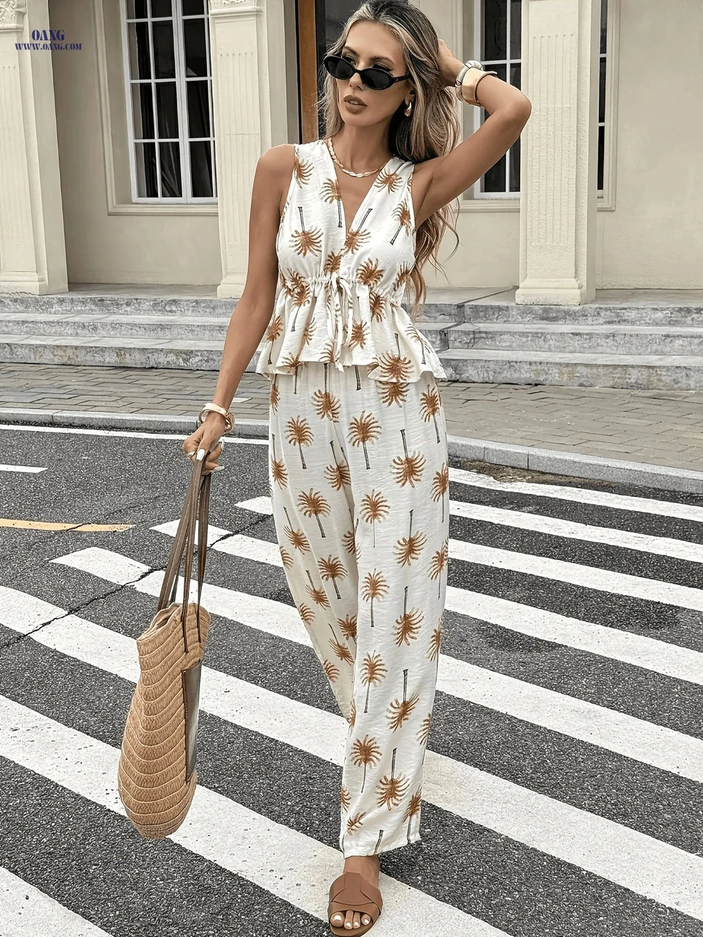 Women's Vacation V-neck Top & Loose Wide-Leg Pants Set - Spring Style   OAXG Khaki Print / S