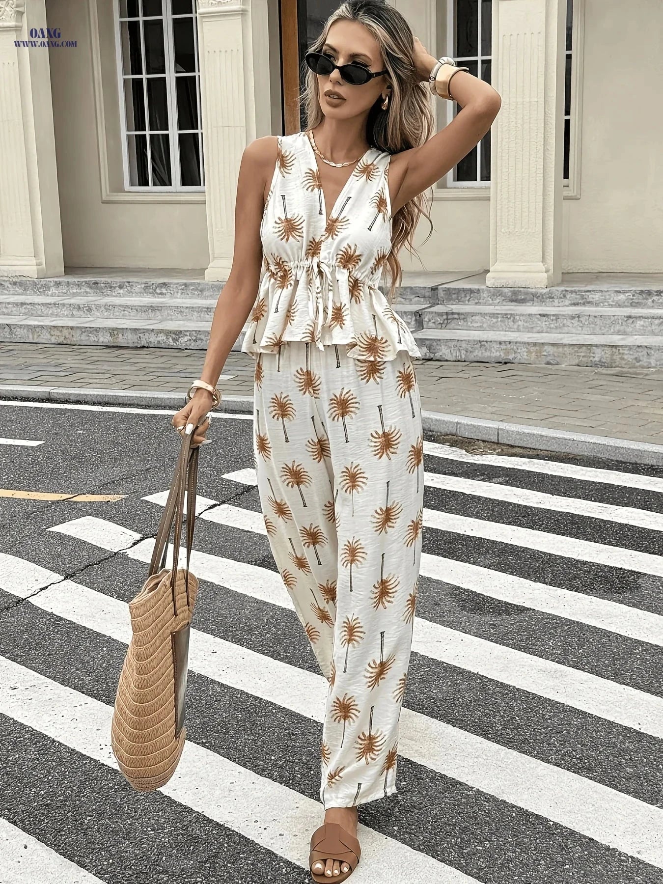 Women's Vacation V-neck Top & Loose Wide-Leg Pants Set - Spring Style   OAXG Khaki Print / S