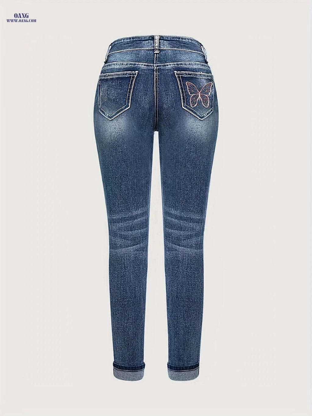 Women's Versatile Embroidered Skinny Jeans - High Elasticity, Casual Style   OAXG Medium Blue / S