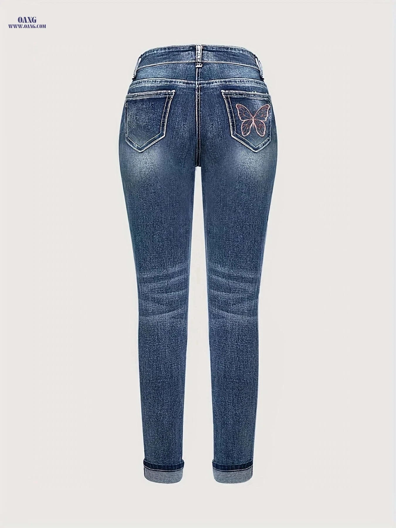Women's Versatile Embroidered Skinny Jeans - High Elasticity, Casual Style   OAXG Medium Blue / S