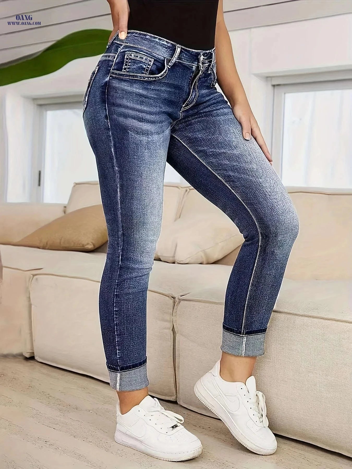 Women's Versatile Embroidered Skinny Jeans - High Elasticity, Casual Style   OAXG Medium Blue / S