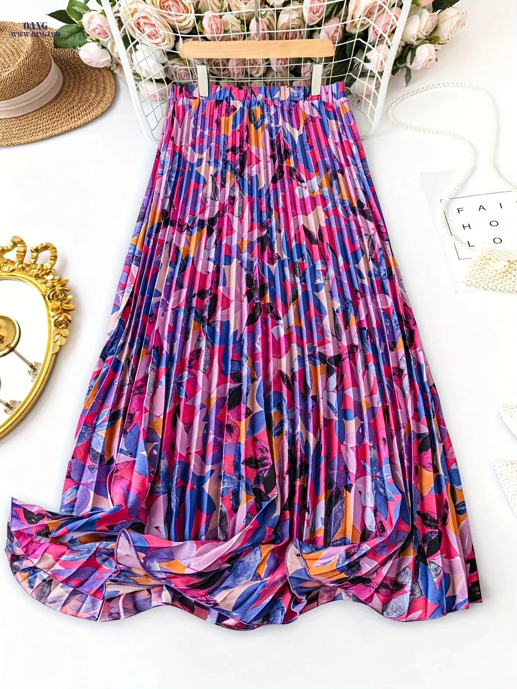 Women's Vibrant Pleated Skirt - High-Waisted, Lightweight Polyester   OAXG 