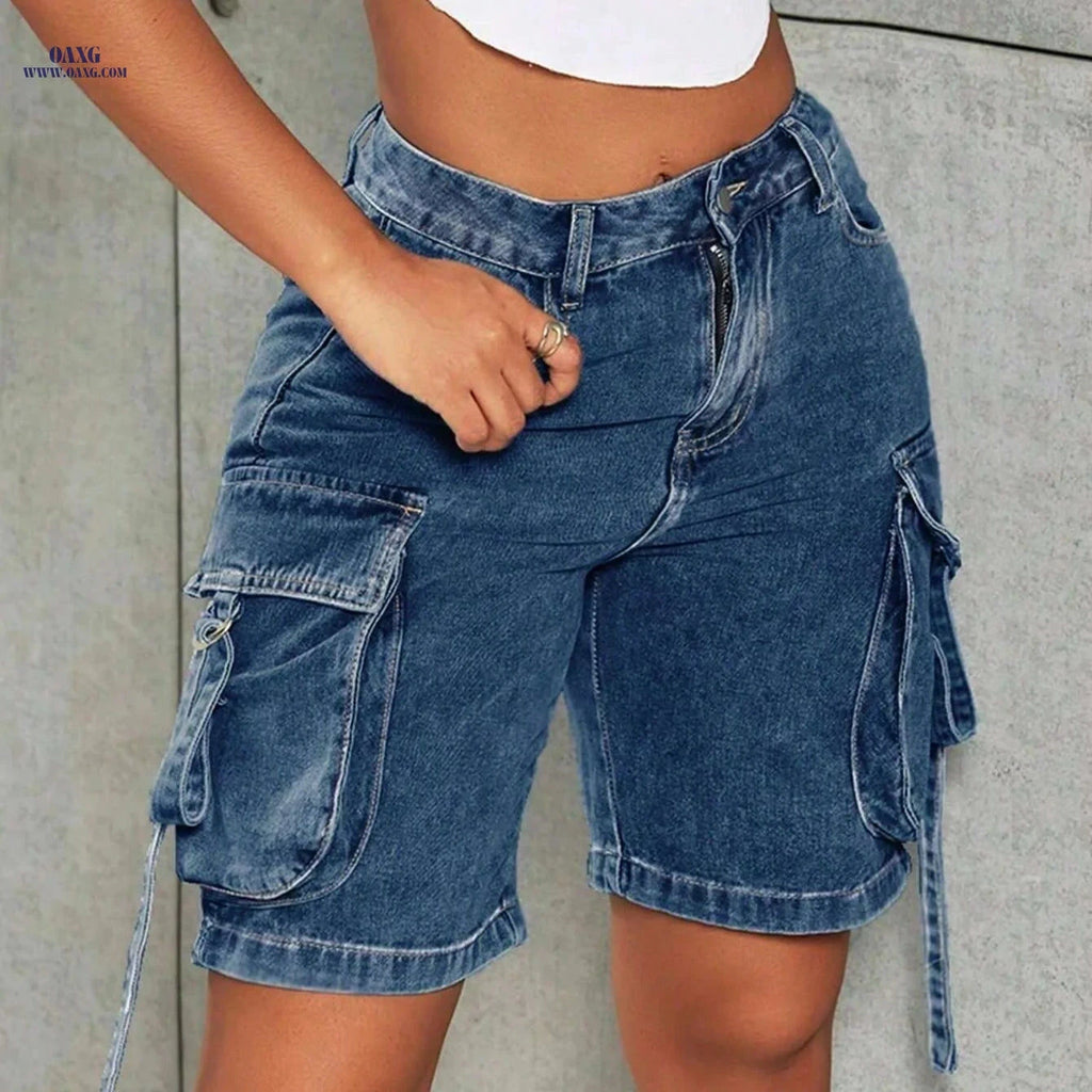 Women's Vintage Cargo Jean Shorts - Stretchy, Flap Pockets, Summer Style   OAXG 