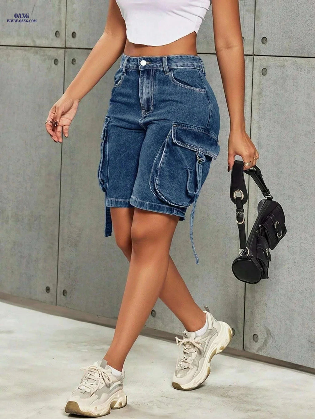 Women's Vintage Cargo Jean Shorts - Stretchy, Flap Pockets, Summer Style   OAXG 