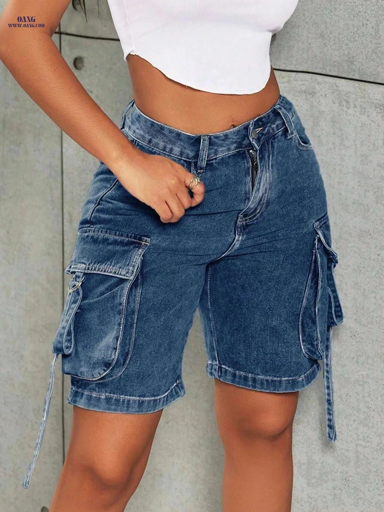 Women's Vintage Cargo Jean Shorts - Stretchy, Flap Pockets, Summer Style   OAXG 