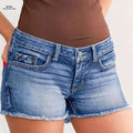 Women’s Vintage Distressed Denim Shorts - Mid-Thigh, Raw Hem Design   OAXG 