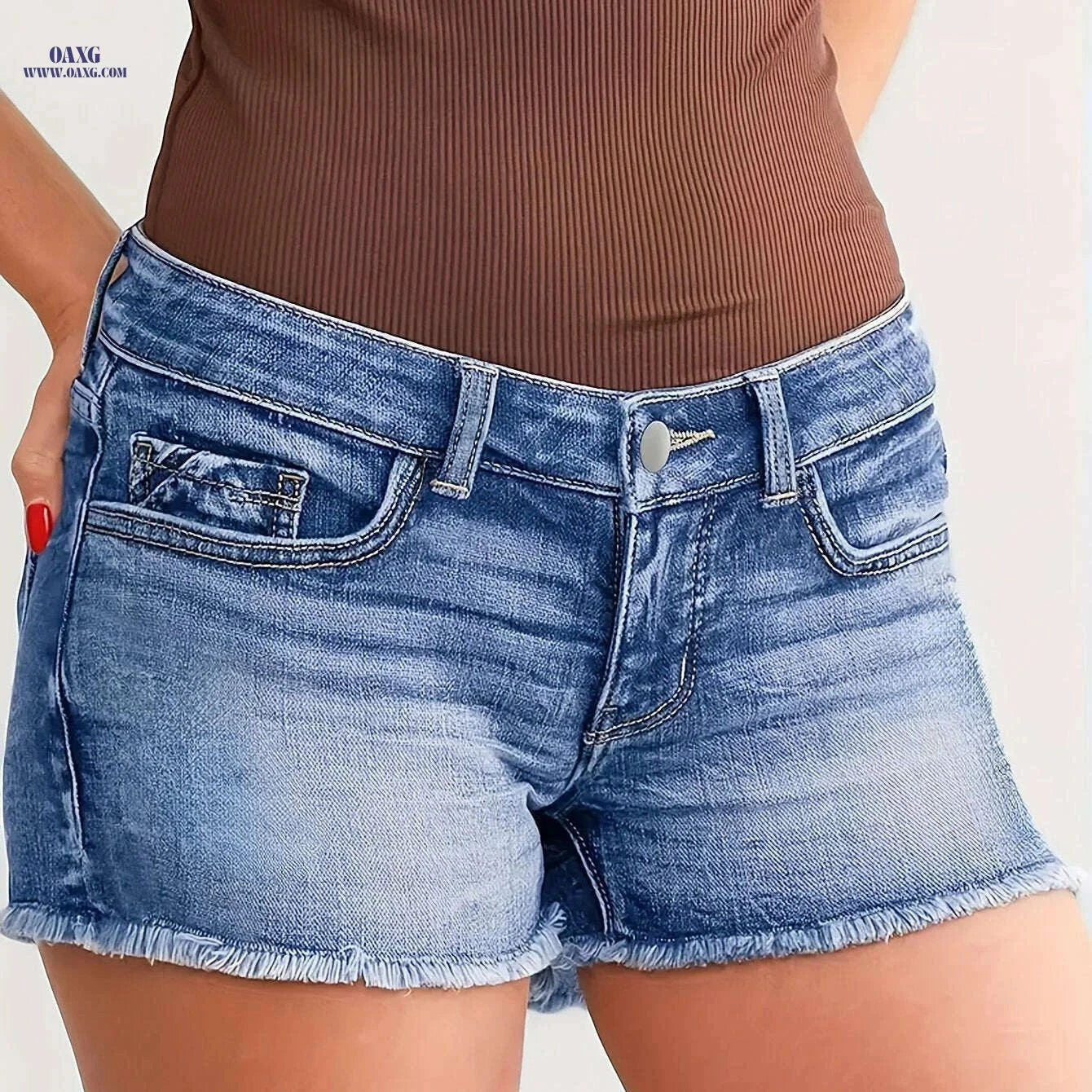 Women’s Vintage Distressed Denim Shorts - Mid-Thigh, Raw Hem Design   OAXG 