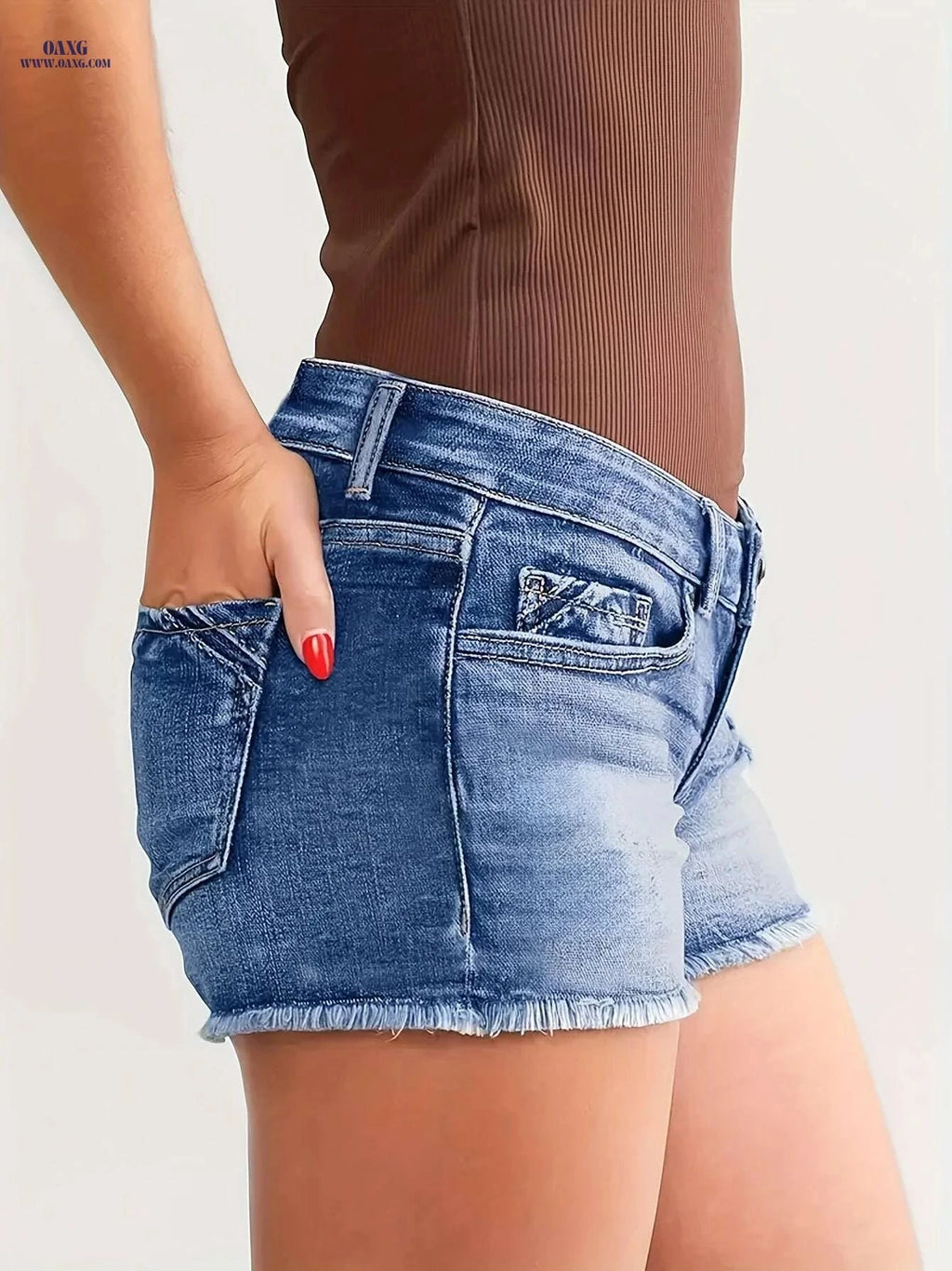 Women’s Vintage Distressed Denim Shorts - Mid-Thigh, Raw Hem Design   OAXG 