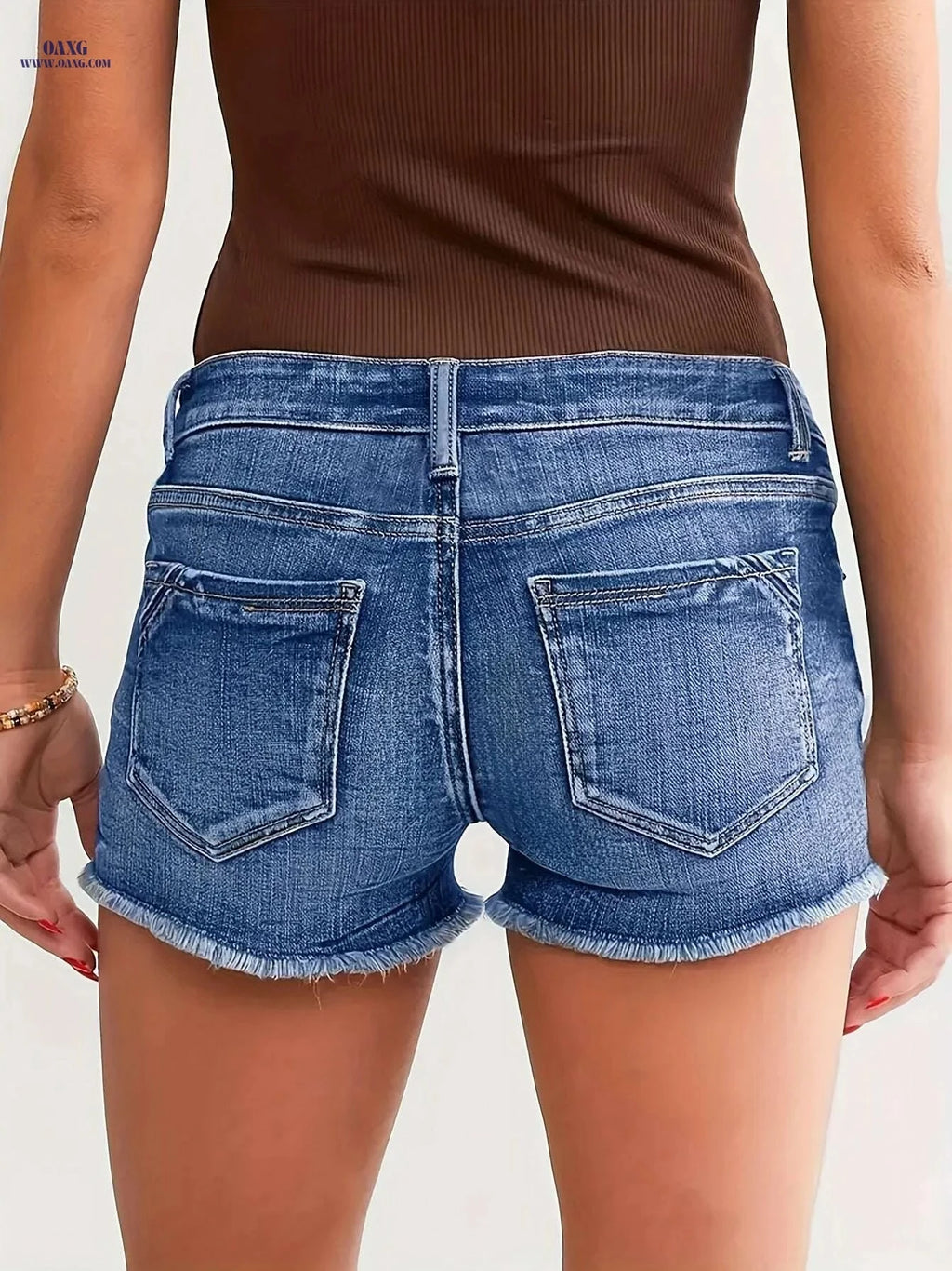 Women’s Vintage Distressed Denim Shorts - Mid-Thigh, Raw Hem Design   OAXG 