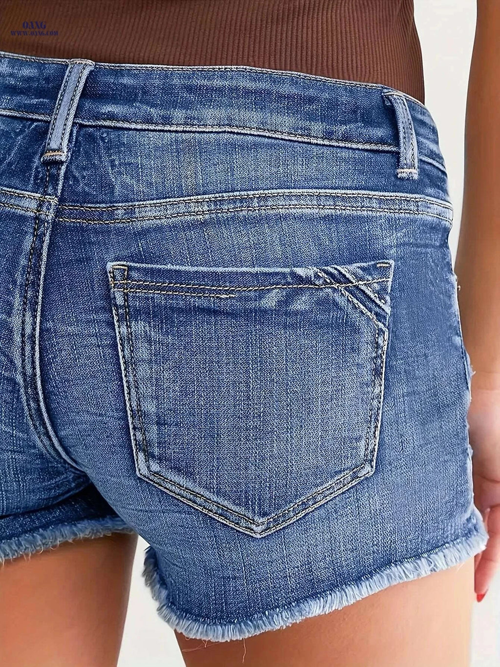 Women’s Vintage Distressed Denim Shorts - Mid-Thigh, Raw Hem Design   OAXG 