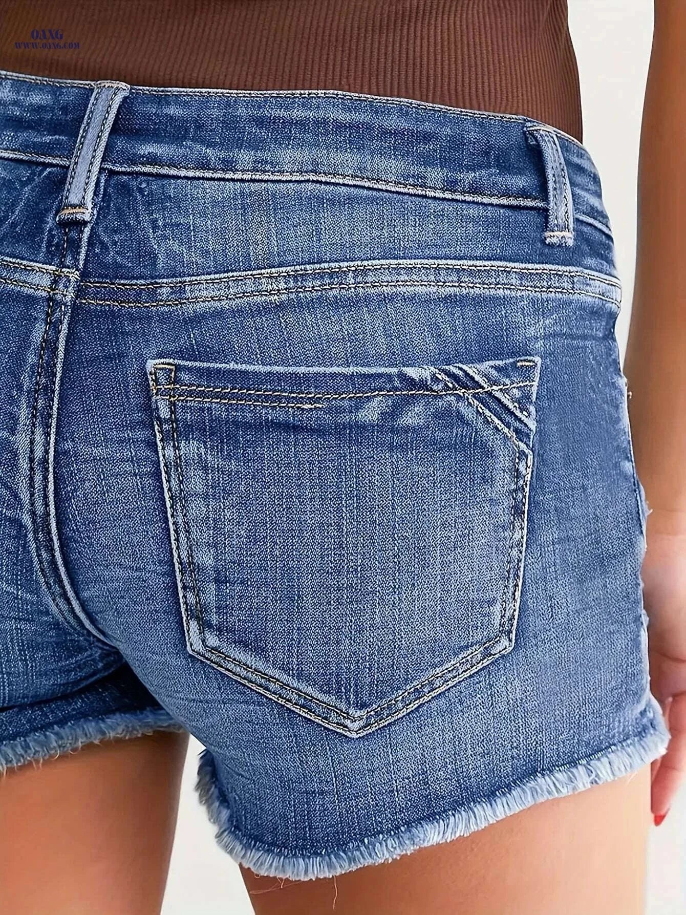 Women’s Vintage Distressed Denim Shorts - Mid-Thigh, Raw Hem Design   OAXG 