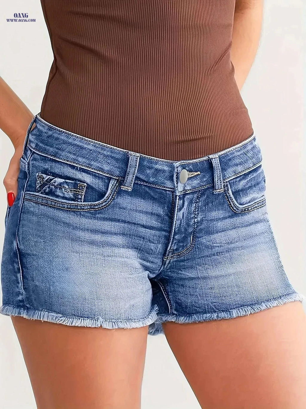 Women’s Vintage Distressed Denim Shorts - Mid-Thigh, Raw Hem Design   OAXG 