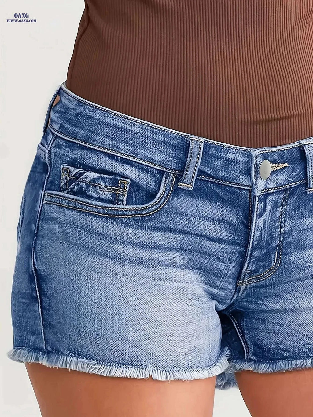 Women’s Vintage Distressed Denim Shorts - Mid-Thigh, Raw Hem Design   OAXG 