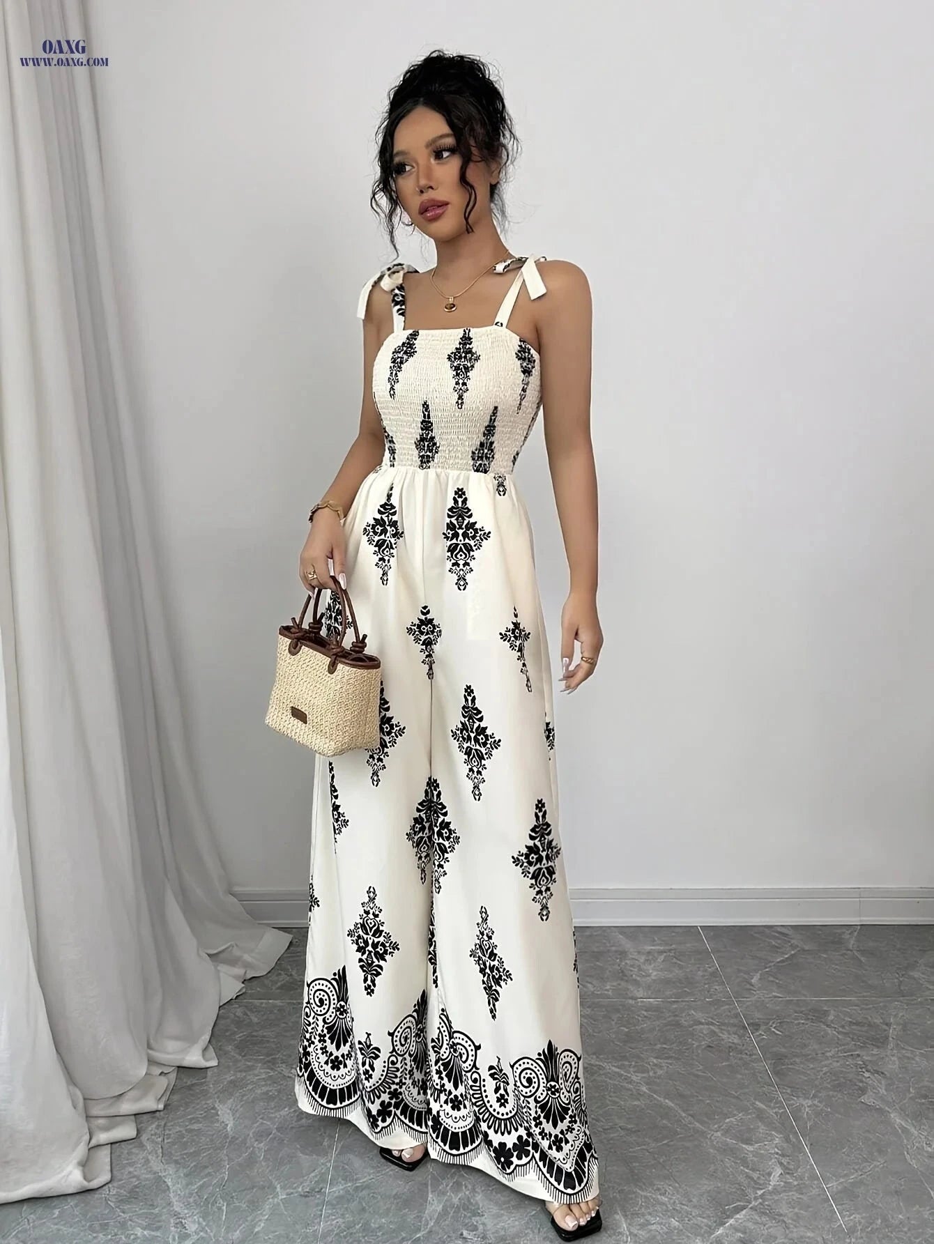Women’s Vintage Floral Jumpsuit - Tie-Waist, Wide-Leg Style   OAXG Mixed Color / S